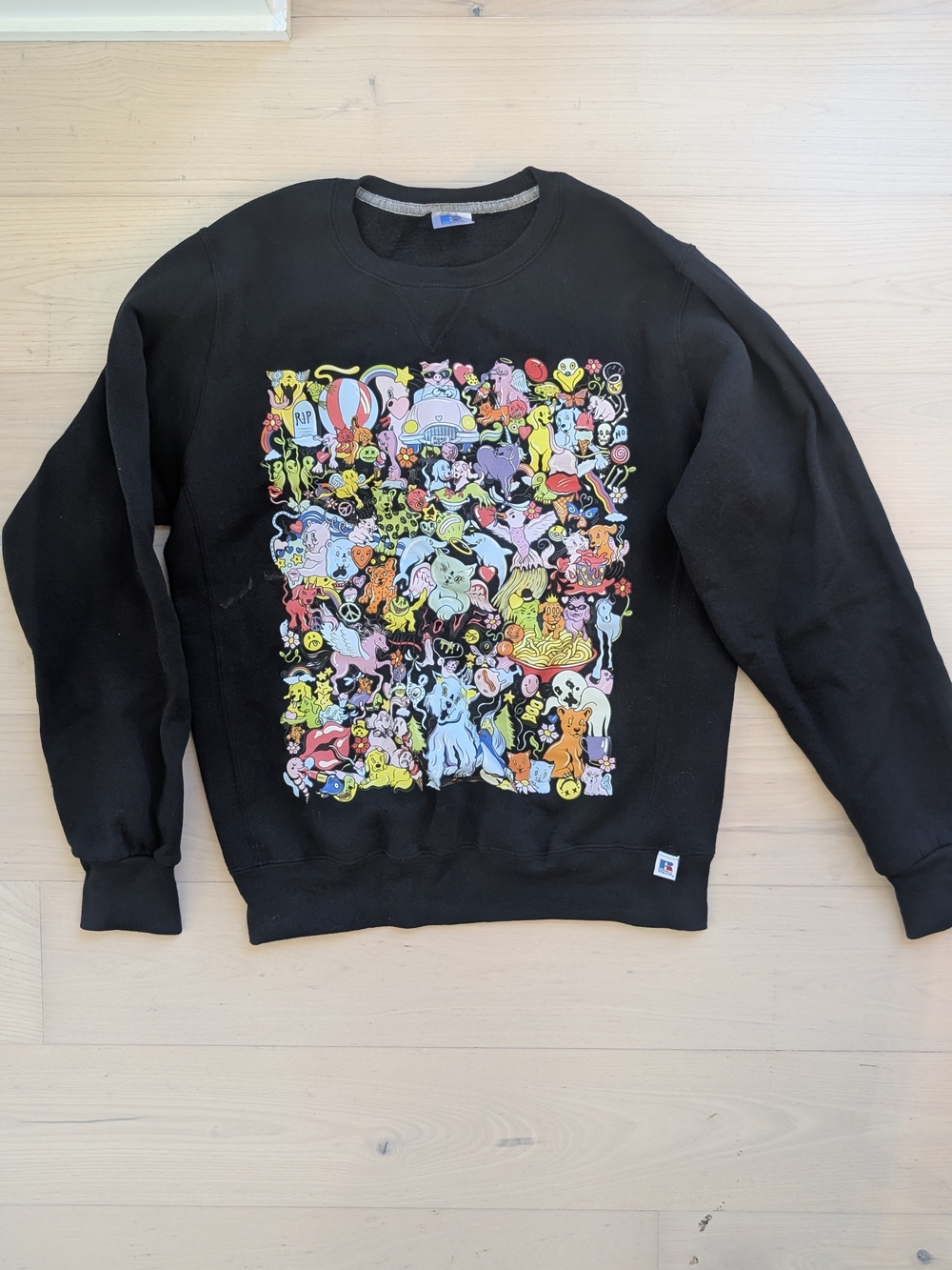 Black Graphic Crewneck Sweatshirt with Colorful Cartoon Print